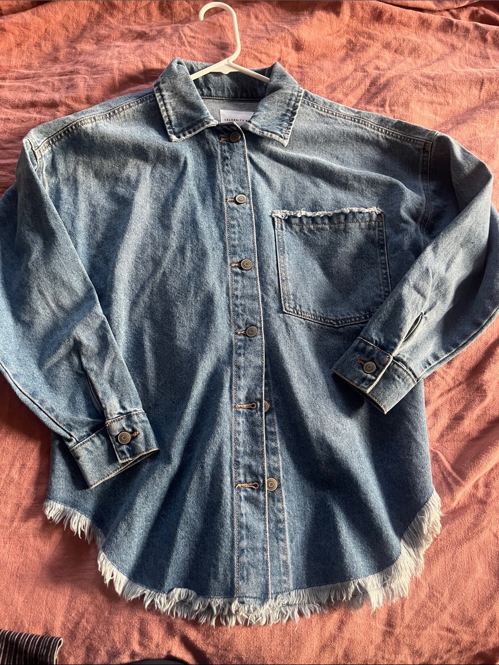 Celebrity Pink Distressed Hem Denim Button-Down Shirt Jacket - Blue